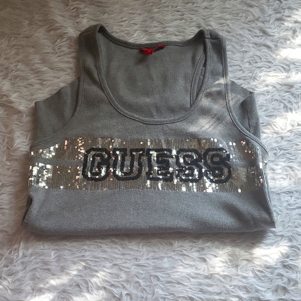 Guess Sequin Y2k shiny grey ribbed Fitted tank top - Picture 2 of 8
